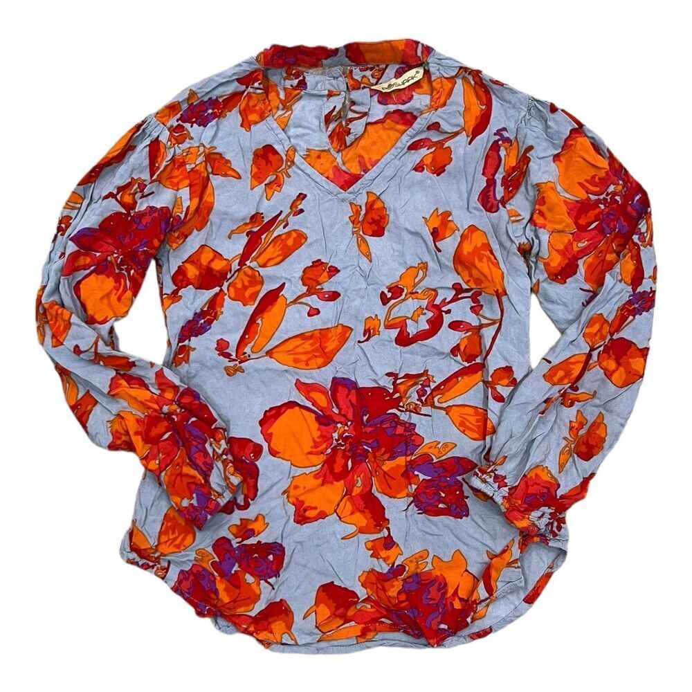 Poshaak Gray Floral Viscose Keyhole Blouse S